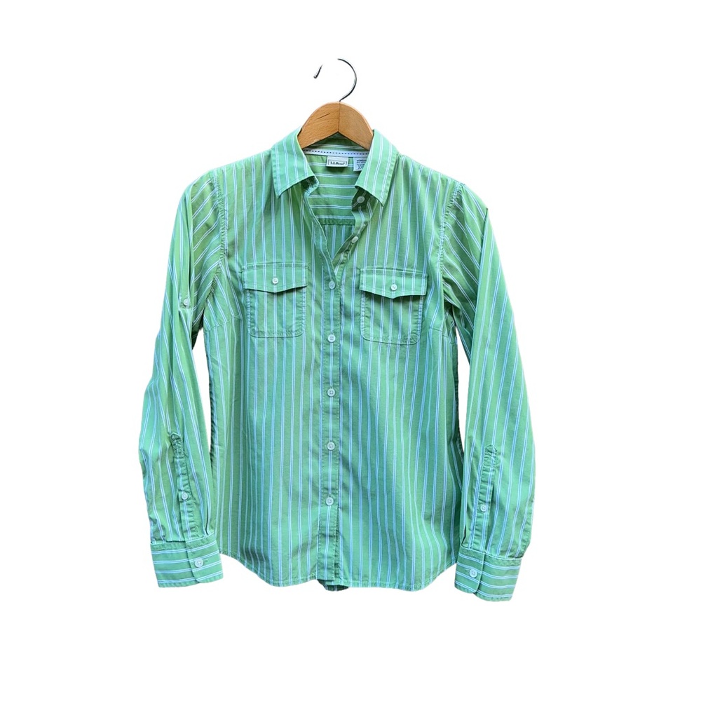 LL Bean Striped Blouse Green White Blue S Small Roll Tab Sleeve Women
